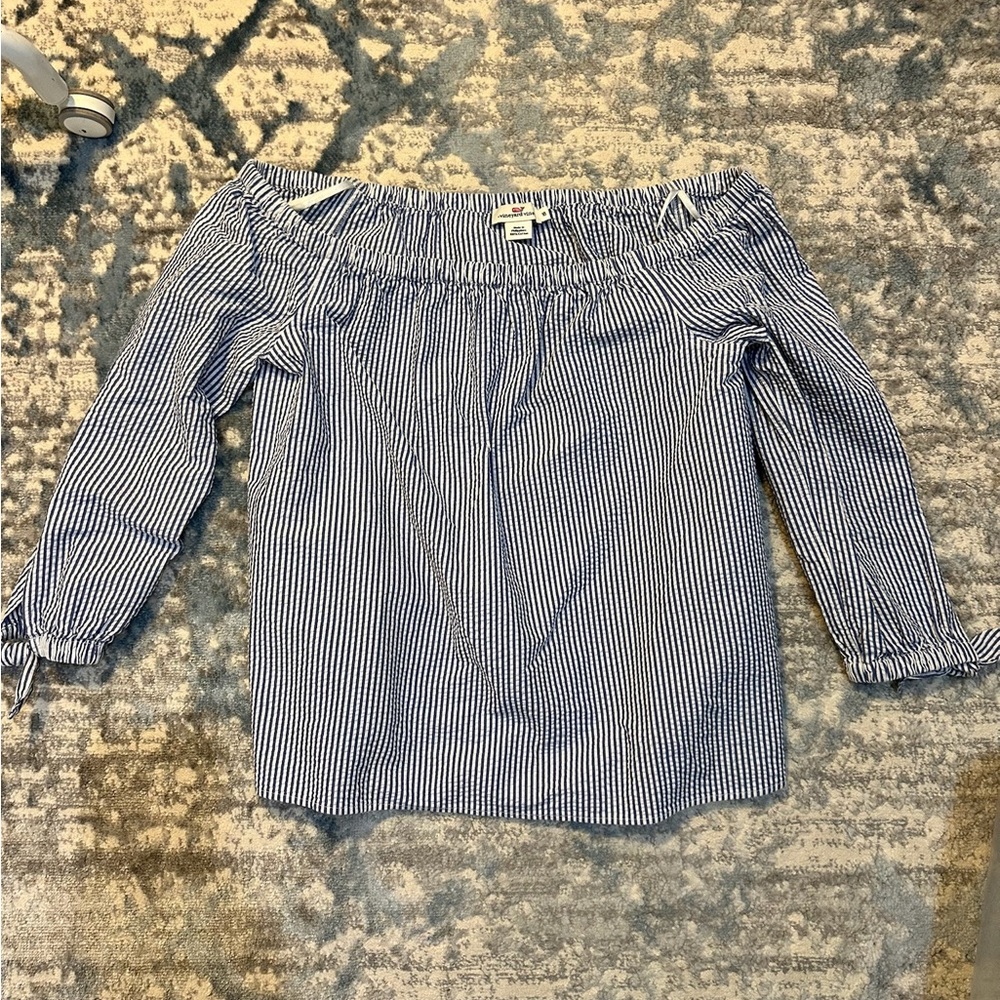 Vineyard Vines Blue and White Gingham Blouse Off-Shoulder Casual
